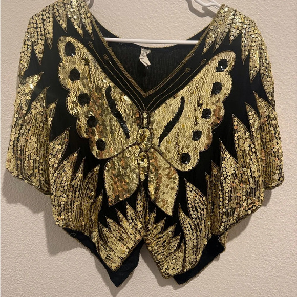 Vintage Women’s Exclusive Black‎ and Gold Sequin Butterfly Top Size M - Picture 1 of 9